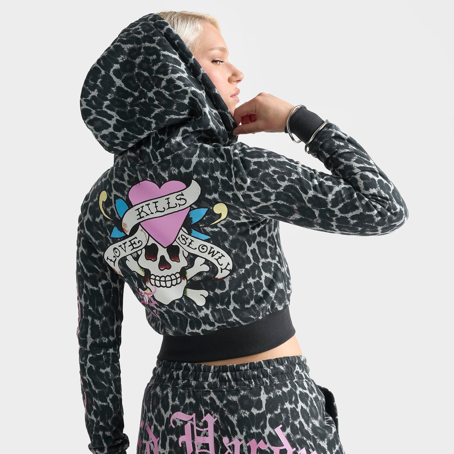 Women's Ed Hardy "Love Kills Slowly" Skull Cropped Full-Zip Fleece Hoodie - Black Leopard