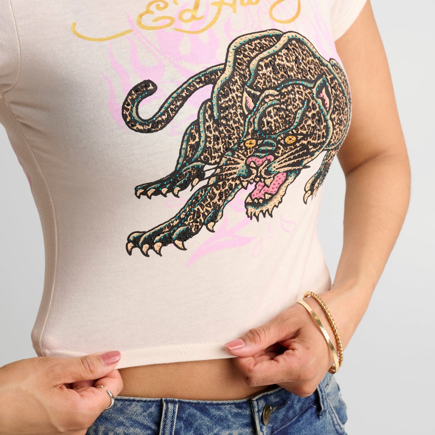 Women's Ed Hardy Leopard Panther Baby T-Shirt - Ivory