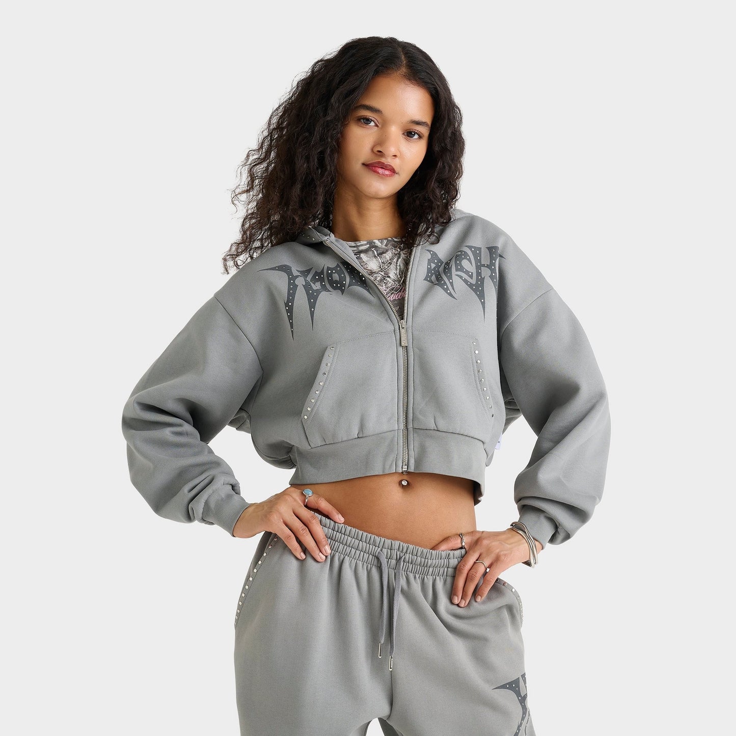 Women's Hoodrich Aspen Studded Boxy Cropped Full-Zip Hoodie - Monument