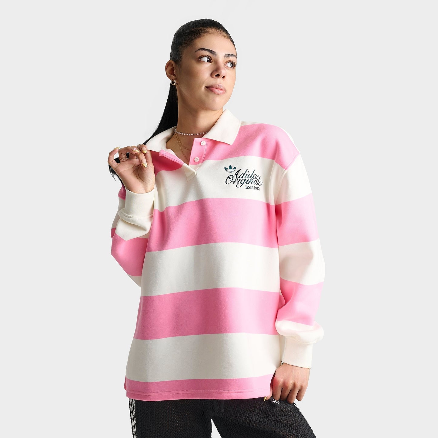 Women's adidas Originals Striped Long-Sleeve Collar Crewneck Sweatshirt - Semi Pink Glow
