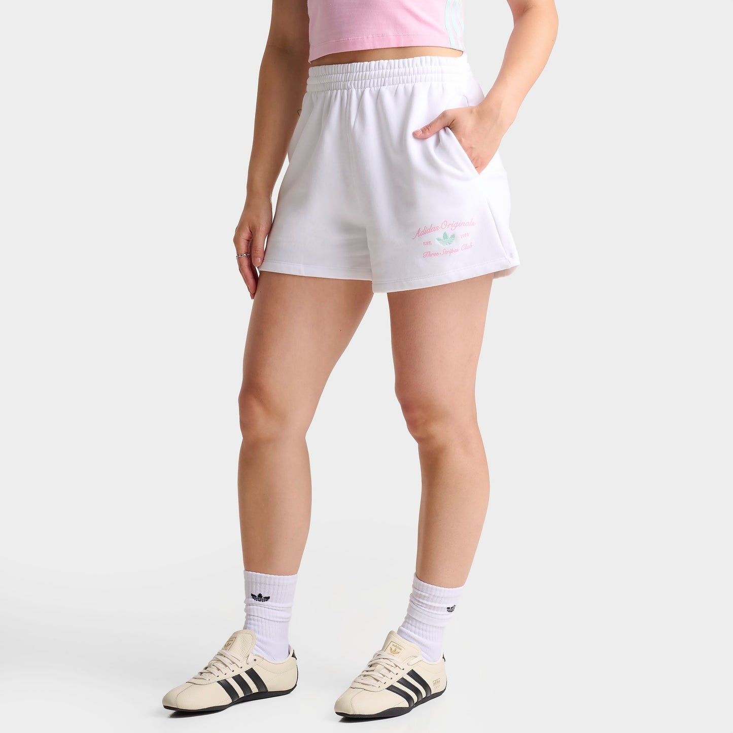 Women's adidas Originals Classic Sport Script Logo Fleece Shorts - White/True Pink/Clear Mint
