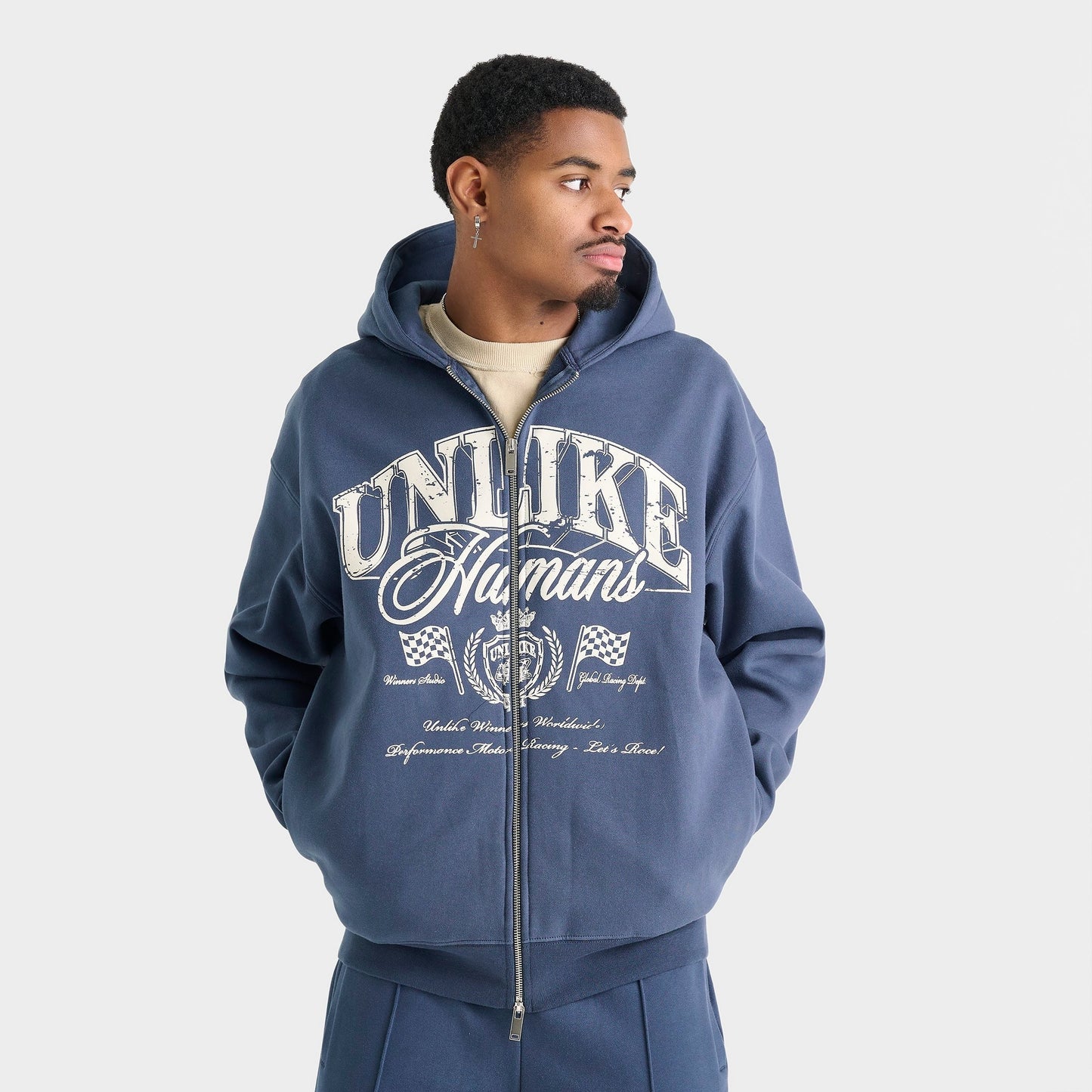 Men's Unlike Humans Motor Graphic Fleece Full-Zip Hoodie - Steel Blue