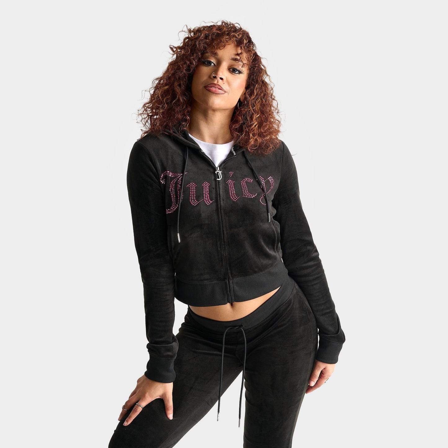Women's Juicy Couture Bling Front Hoodie - Black/Pink