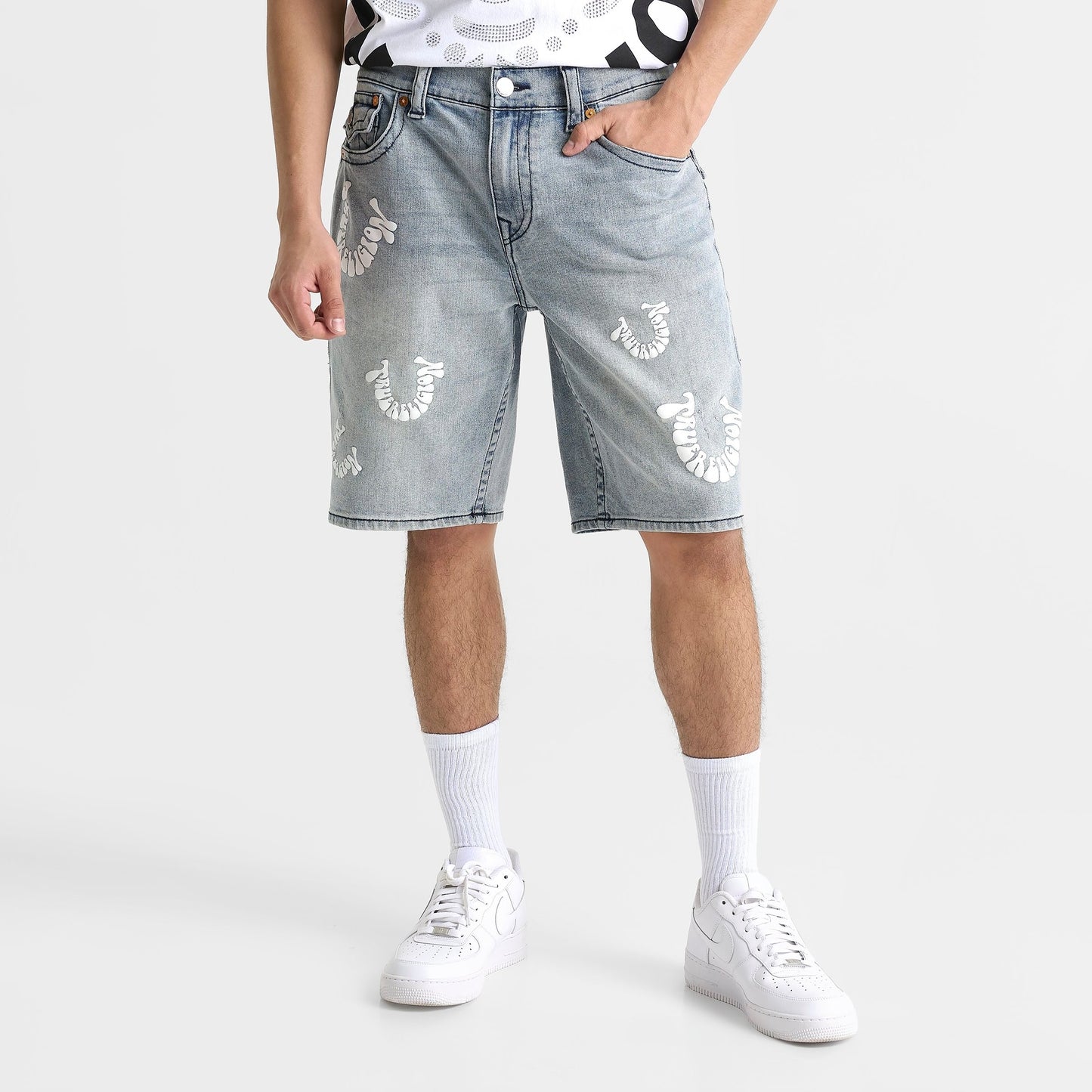 Men's True Religion Warped Logo Denim Jean Shorts - Washed Blue