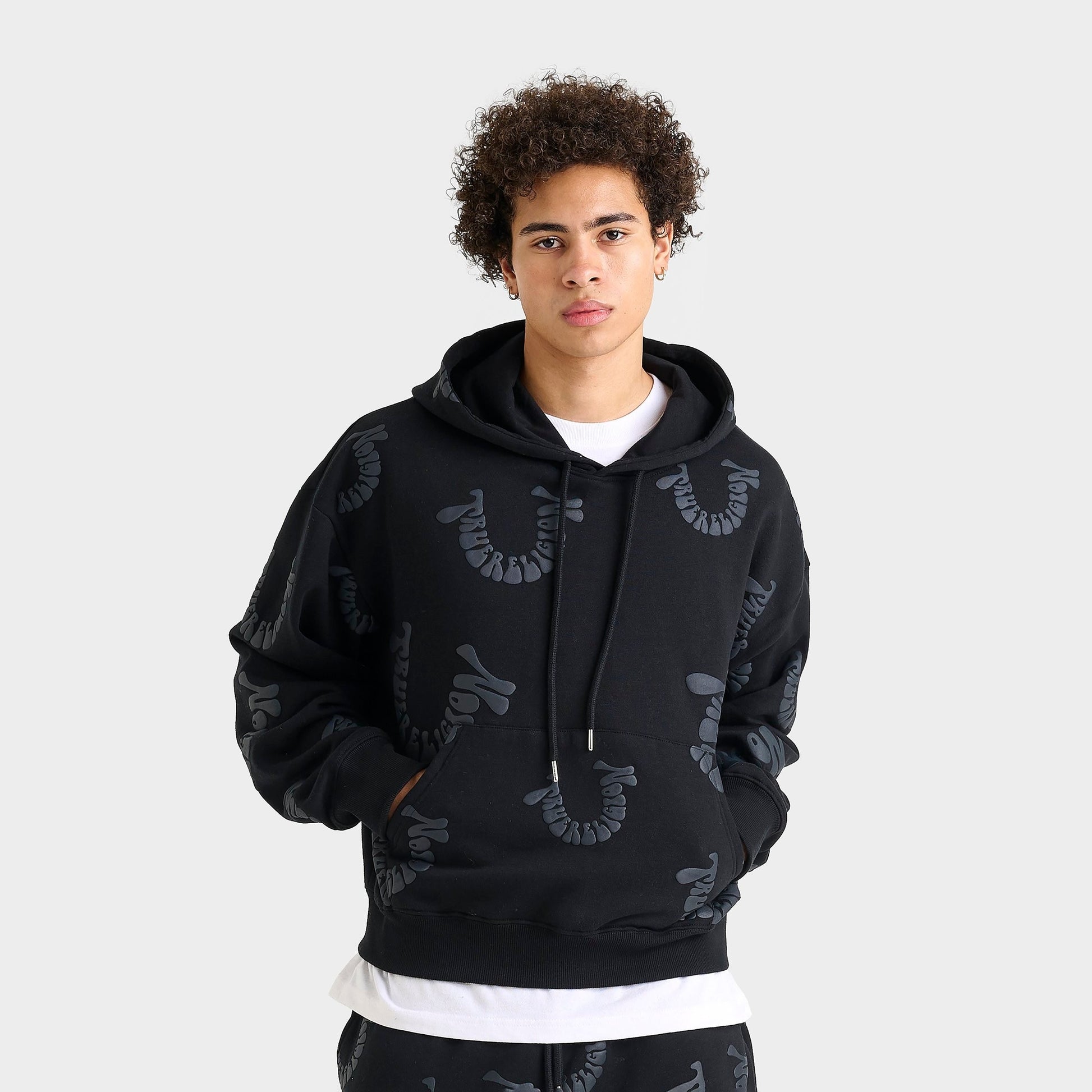 Men's True Religion Warped Logo Fleece Pullover Hoodie - Black/Black