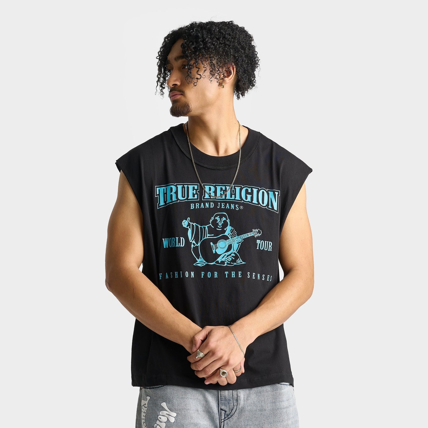 Men's True Religion World Tour Sleeveless Cut Off T-Shirt - Black/Blue Bell