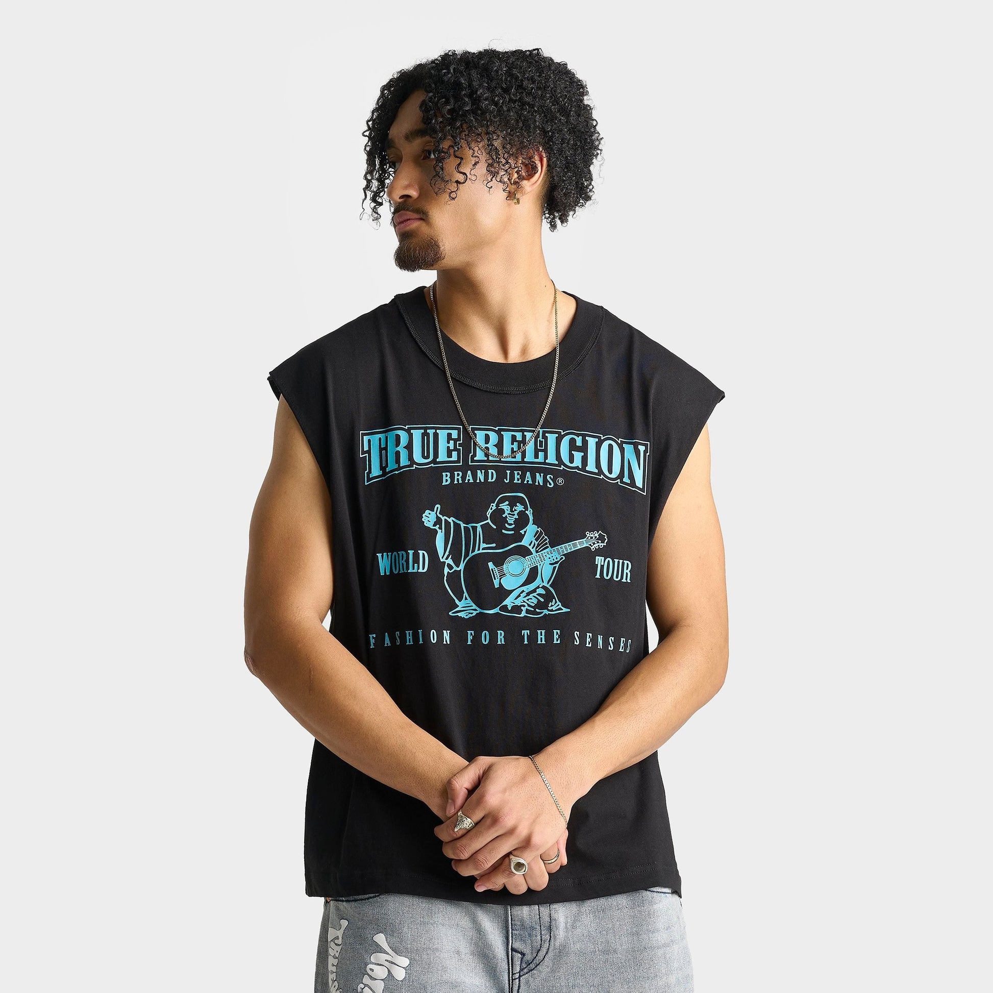 Men's True Religion World Tour Sleeveless Cut Off T-Shirt - Black/Blue Bell