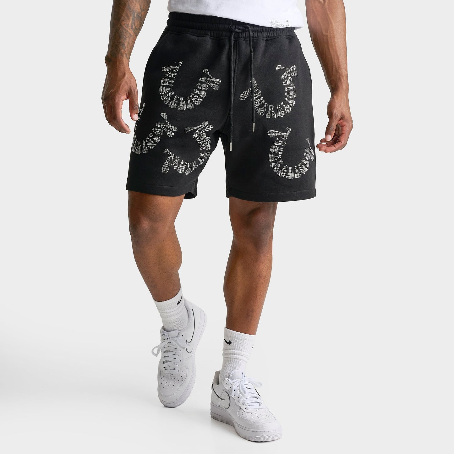Men's True Religion Warped Logo Rhinestone Fleece Shorts - Black
