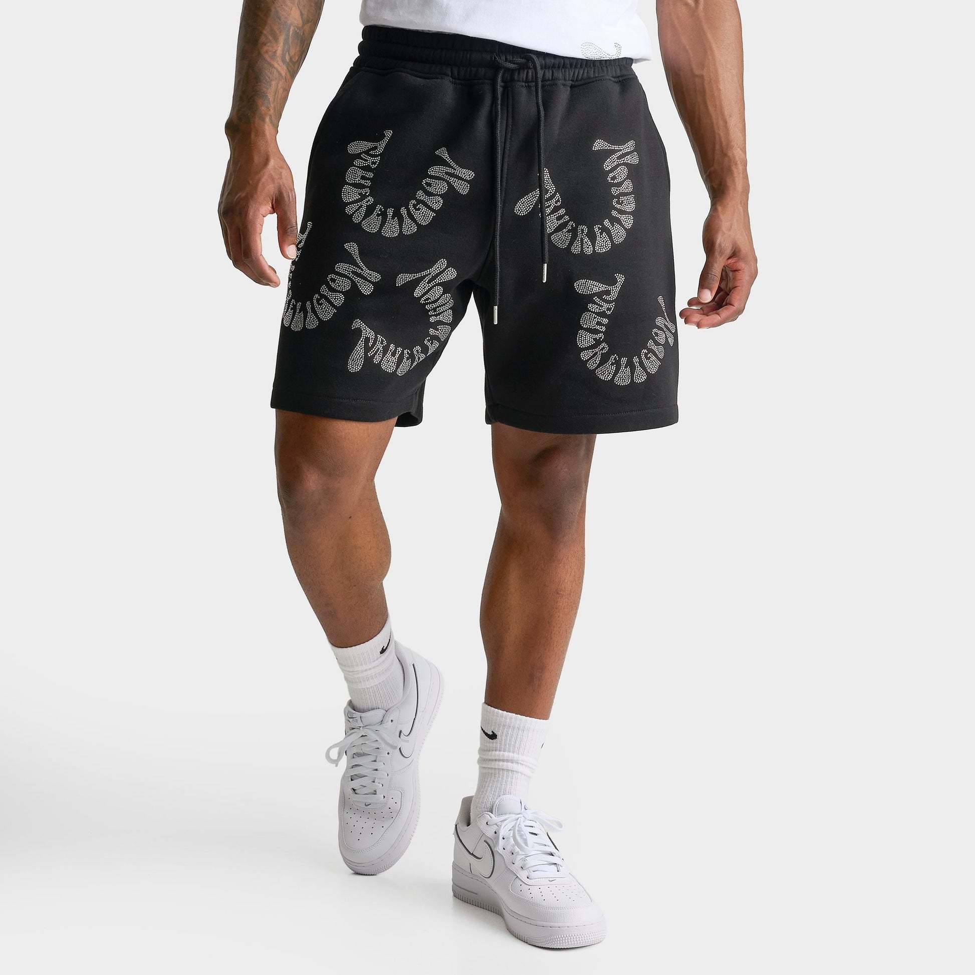 Men's True Religion Warped Logo Rhinestone Fleece Shorts - Black