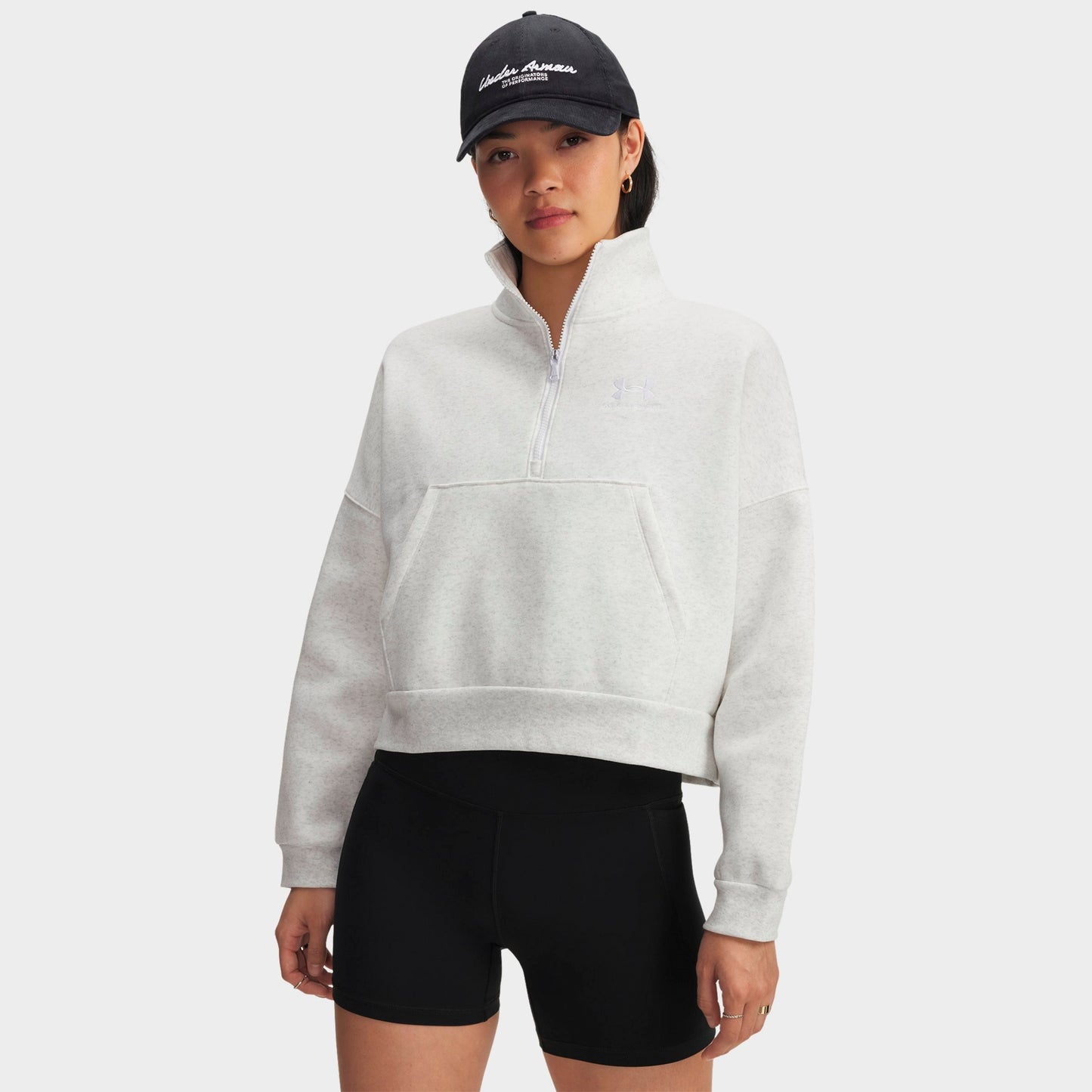 Women's Under Armour Icon Fleece Oversized Half-Zip Sweatshirt - Distant Grey Medium Heather/White