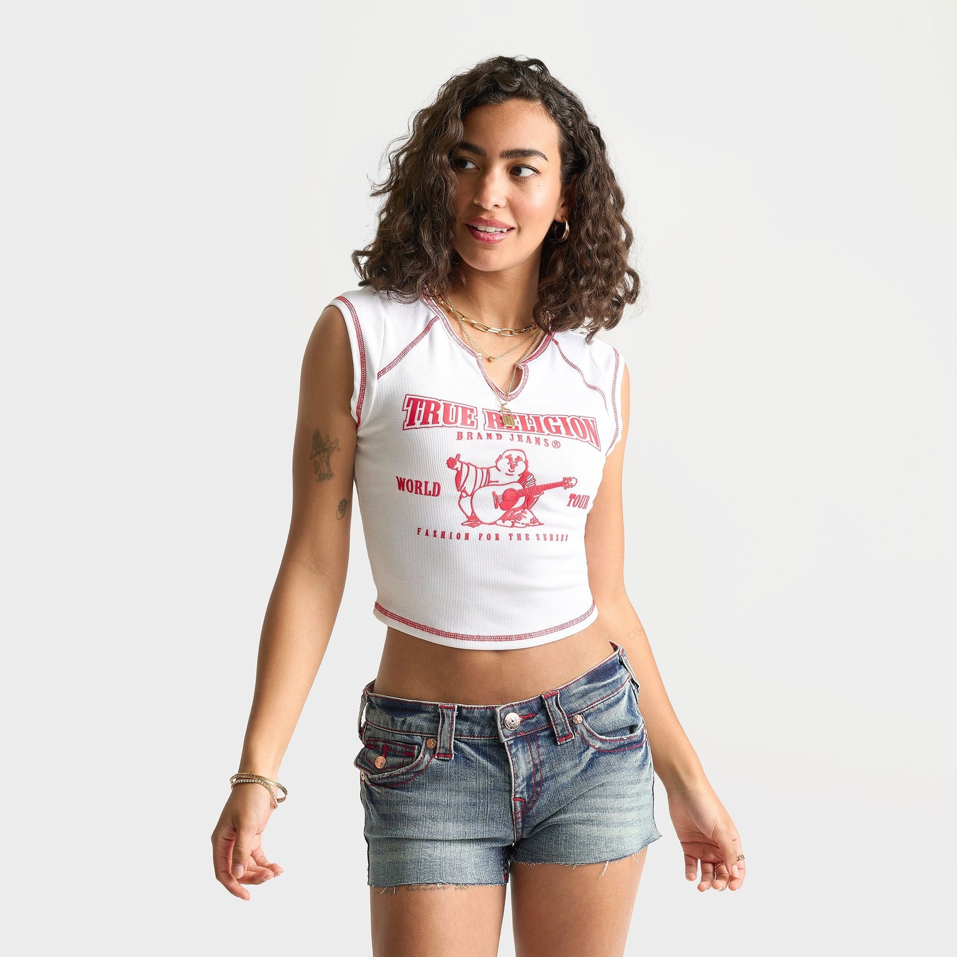 Women's True Religion Buddha World Tour Rib Notch Baby T-Shirt - White