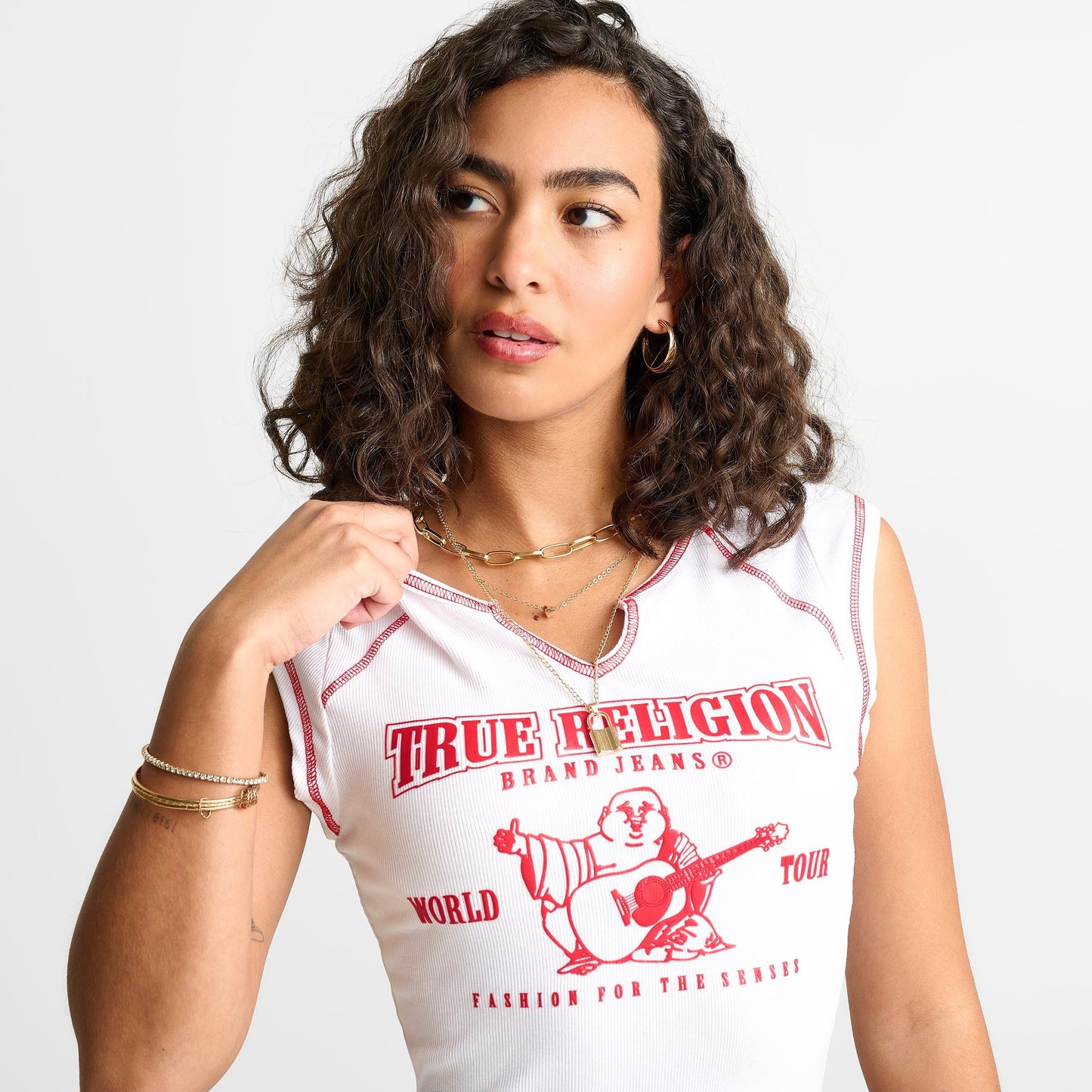 Women's True Religion Buddha World Tour Rib Notch Baby T-Shirt - White