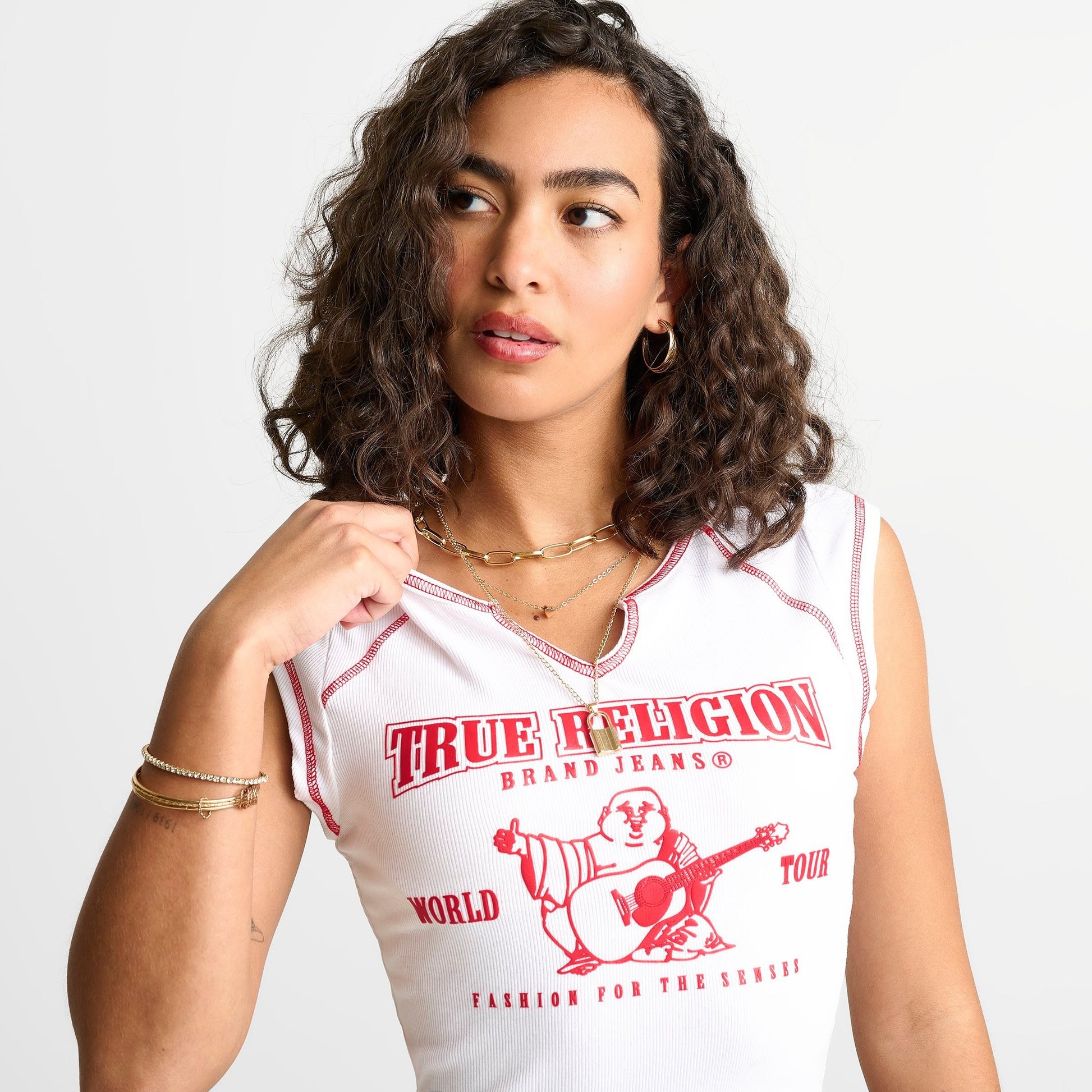 Women's True Religion Buddha World Tour Rib Notch Baby T-Shirt - White