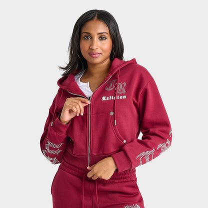 Women's True Religion Crystal Script Logo Shrunken Full-Zip Cropped Hoodie - Rhubarb
