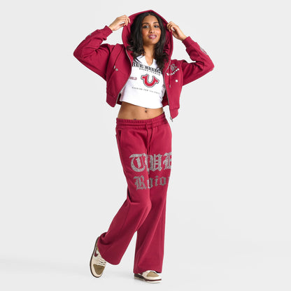 Women's True Religion Crystal Script Logo Shrunken Full-Zip Cropped Hoodie - Rhubarb