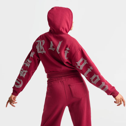 Women's True Religion Crystal Script Logo Shrunken Full-Zip Cropped Hoodie - Rhubarb