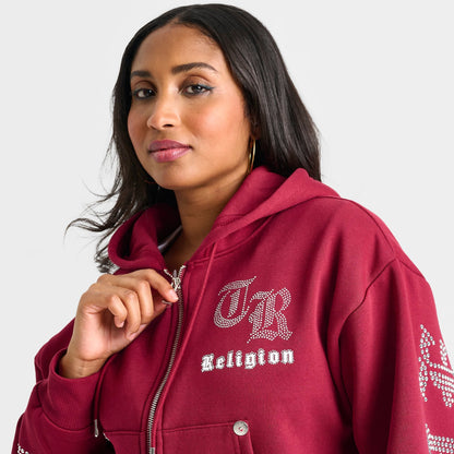Women's True Religion Crystal Script Logo Shrunken Full-Zip Cropped Hoodie - Rhubarb