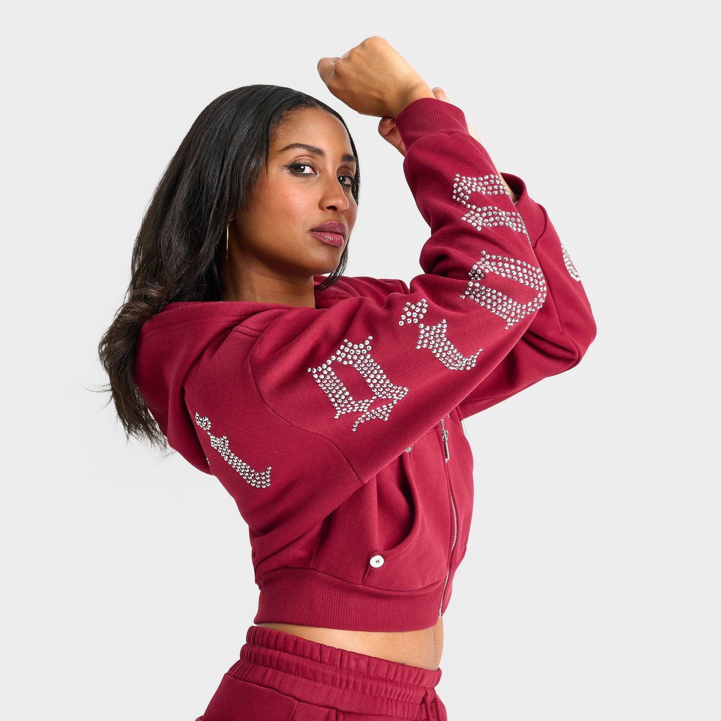 Women's True Religion Crystal Script Logo Shrunken Full-Zip Cropped Hoodie - Rhubarb