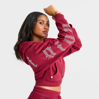 Women's True Religion Crystal Script Logo Shrunken Full-Zip Cropped Hoodie - Rhubarb