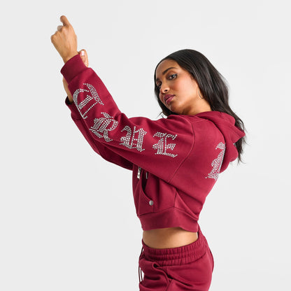 Women's True Religion Crystal Script Logo Shrunken Full-Zip Cropped Hoodie - Rhubarb