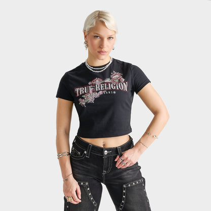 Women's True Religion Crystal Snake Baby T-Shirt - Black