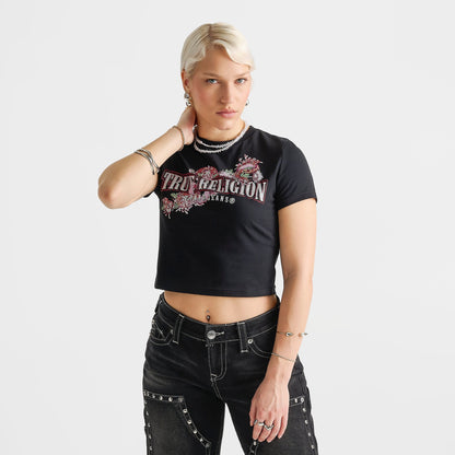 Women's True Religion Crystal Snake Baby T-Shirt - Black