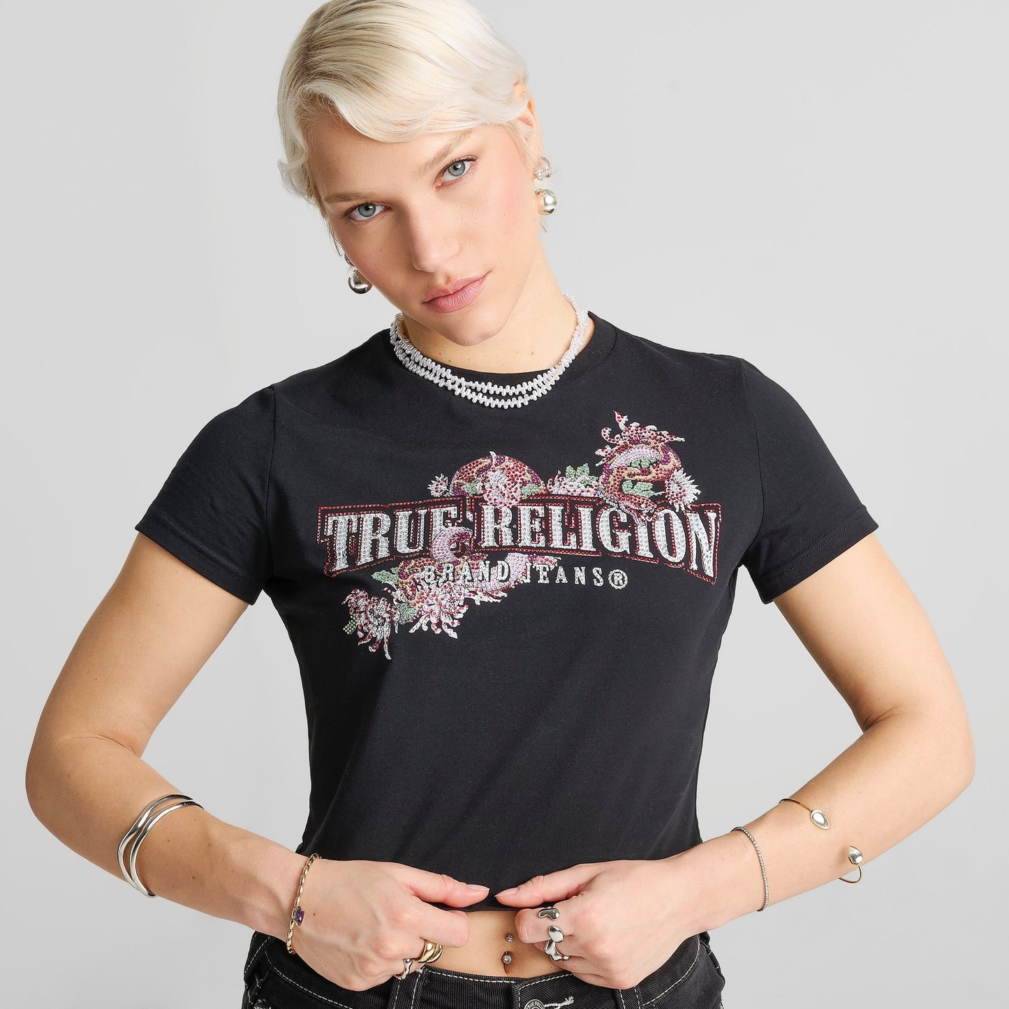 Women's True Religion Crystal Snake Baby T-Shirt - Black