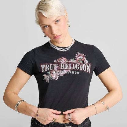 Women's True Religion Crystal Snake Baby T-Shirt - Black