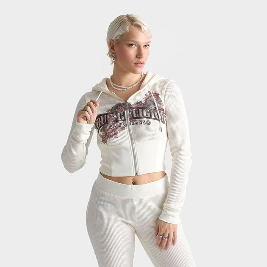 Women's True Religion Waffle Knit Contour Full-Zip Hoodie - Cream