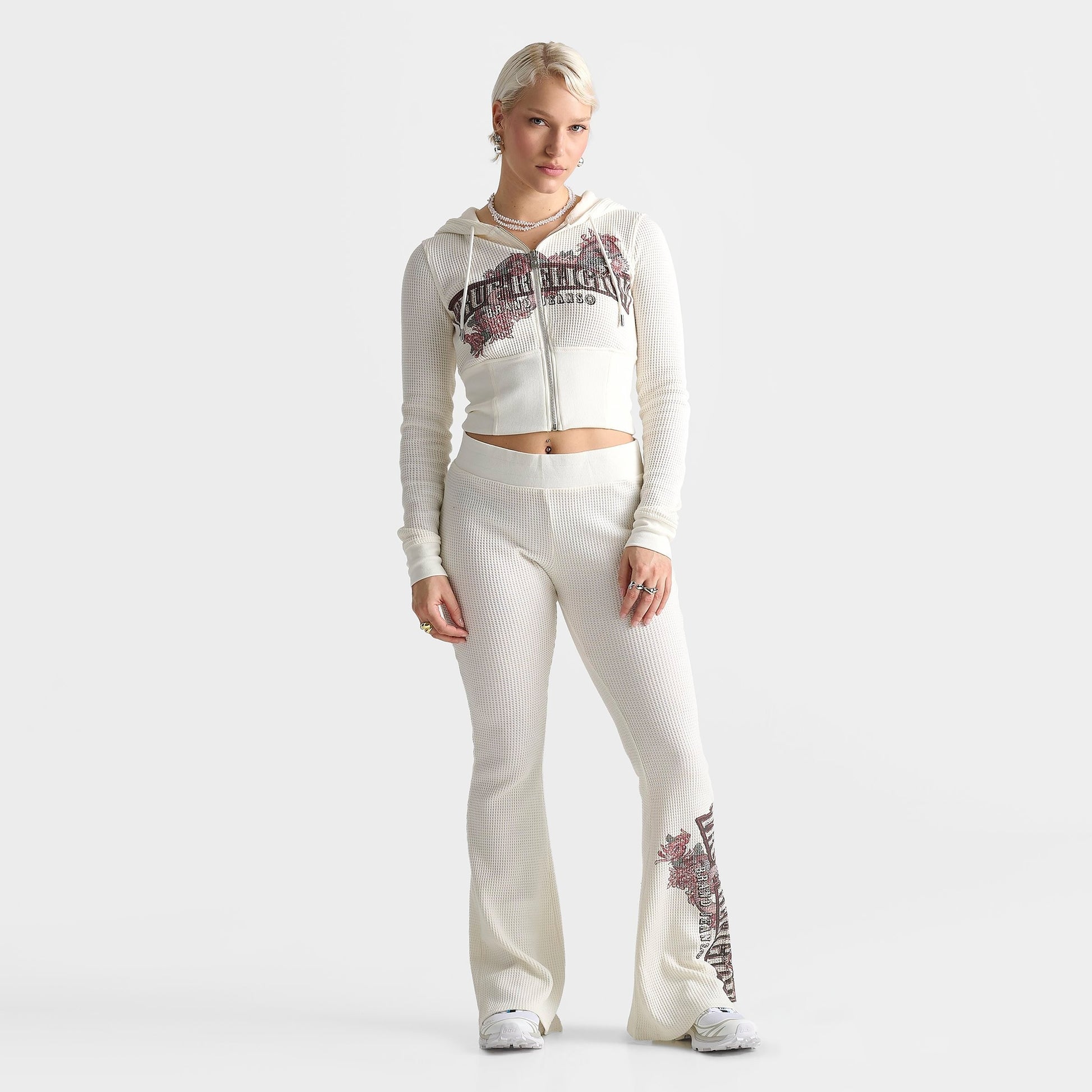 Women's True Religion Waffle Knit Contour Full-Zip Hoodie - Cream