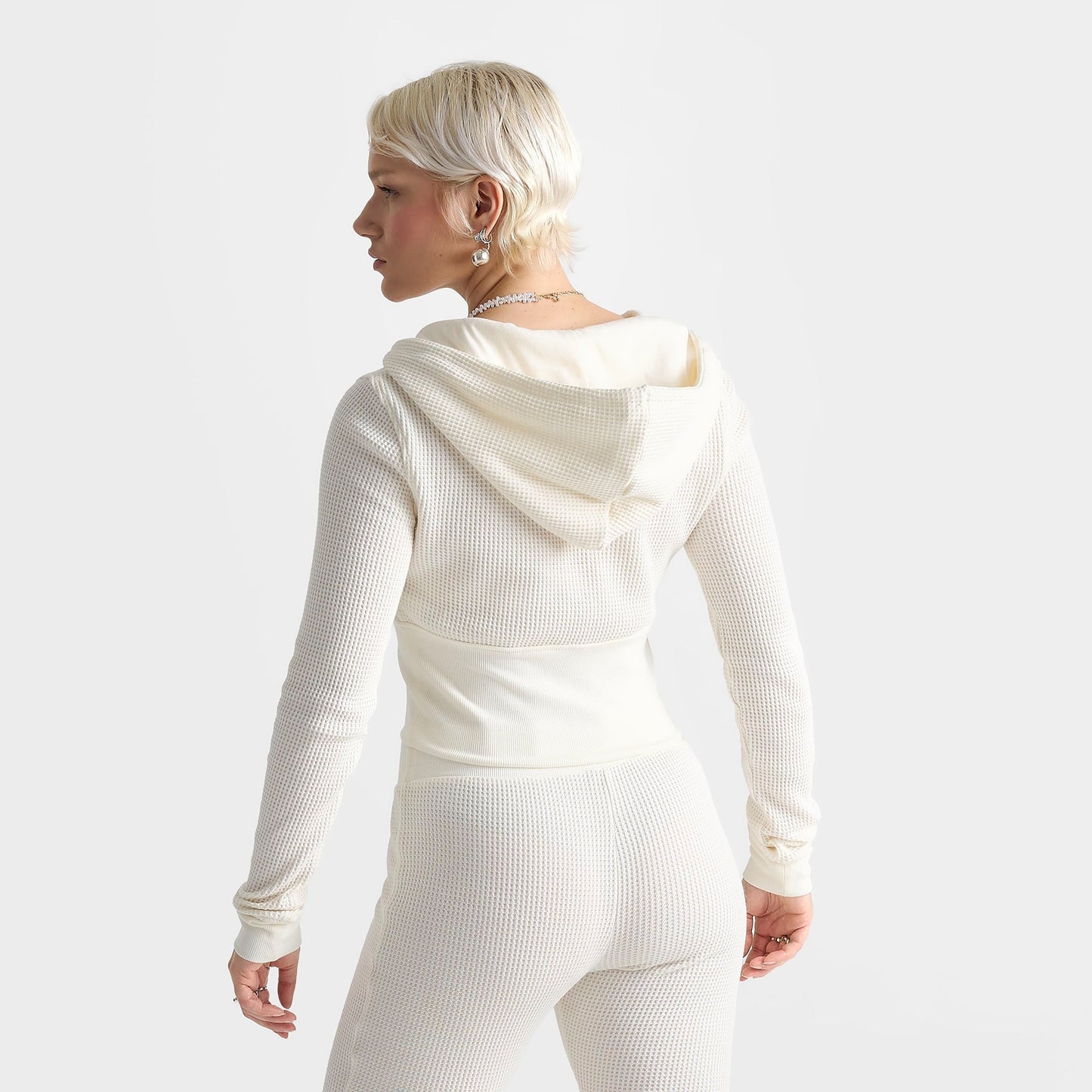 Women's True Religion Waffle Knit Contour Full-Zip Hoodie - Cream