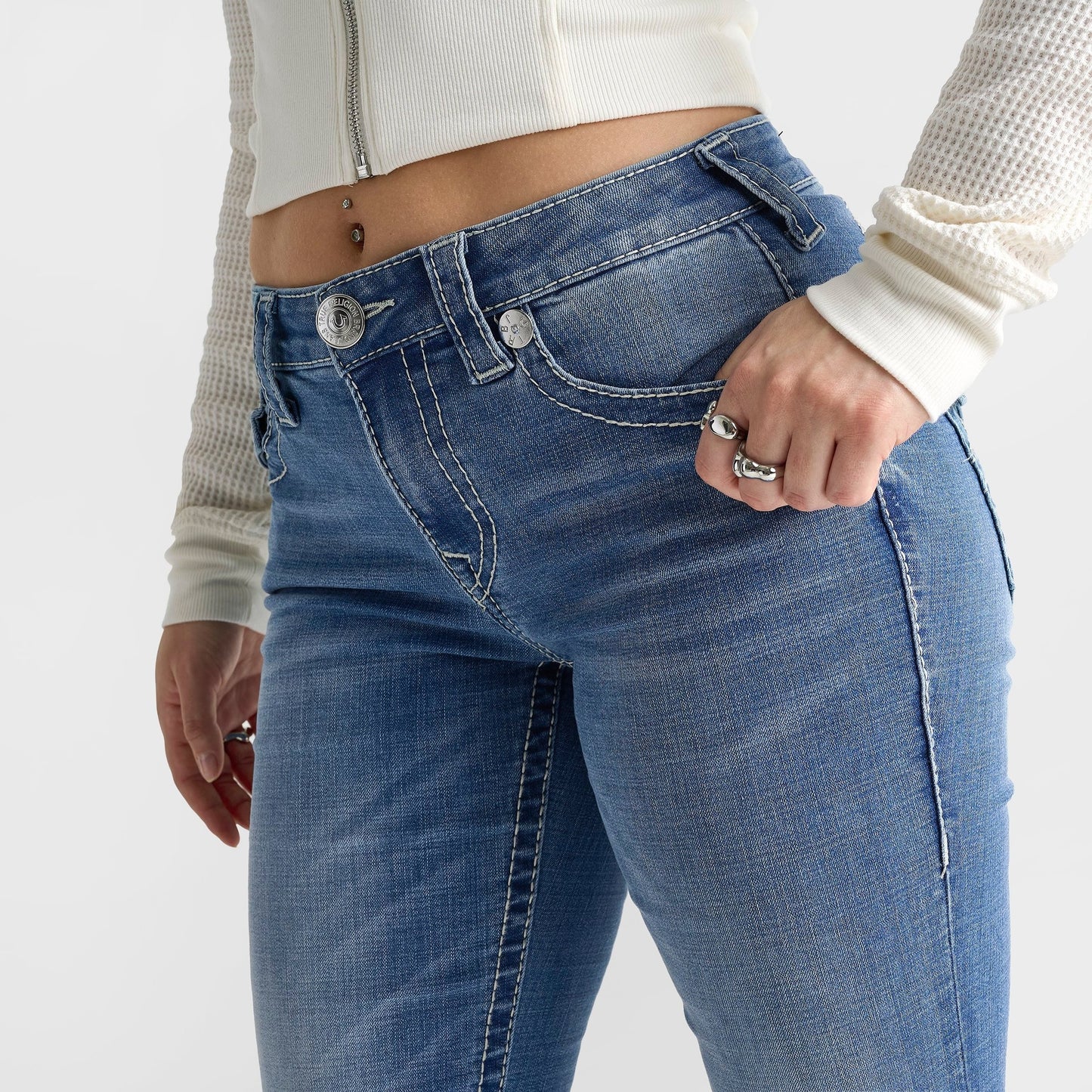 Women's True Religion Becca Big T Tattoo Flap Mid-Rise Bootcut Jeans - Low Tide