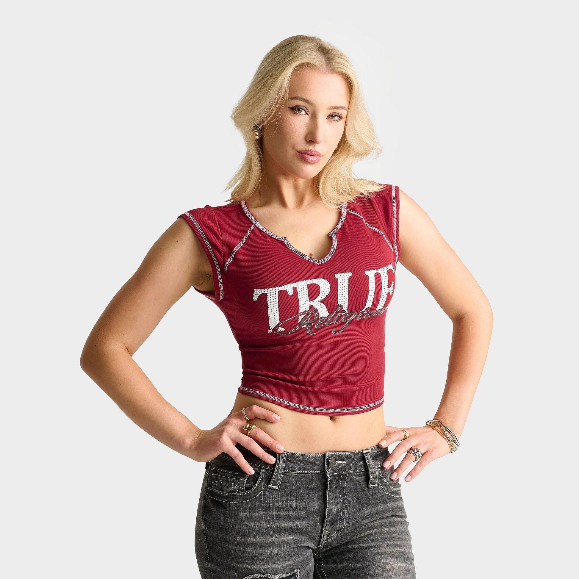 Women's True Religion Crystal Ribbed Notched Baby T-Shirt - Red Dahlia
