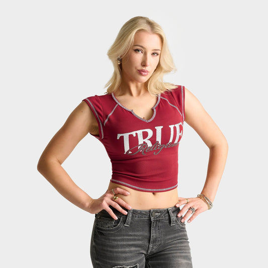 Women's True Religion Crystal Ribbed Notched Baby T-Shirt - Red Dahlia