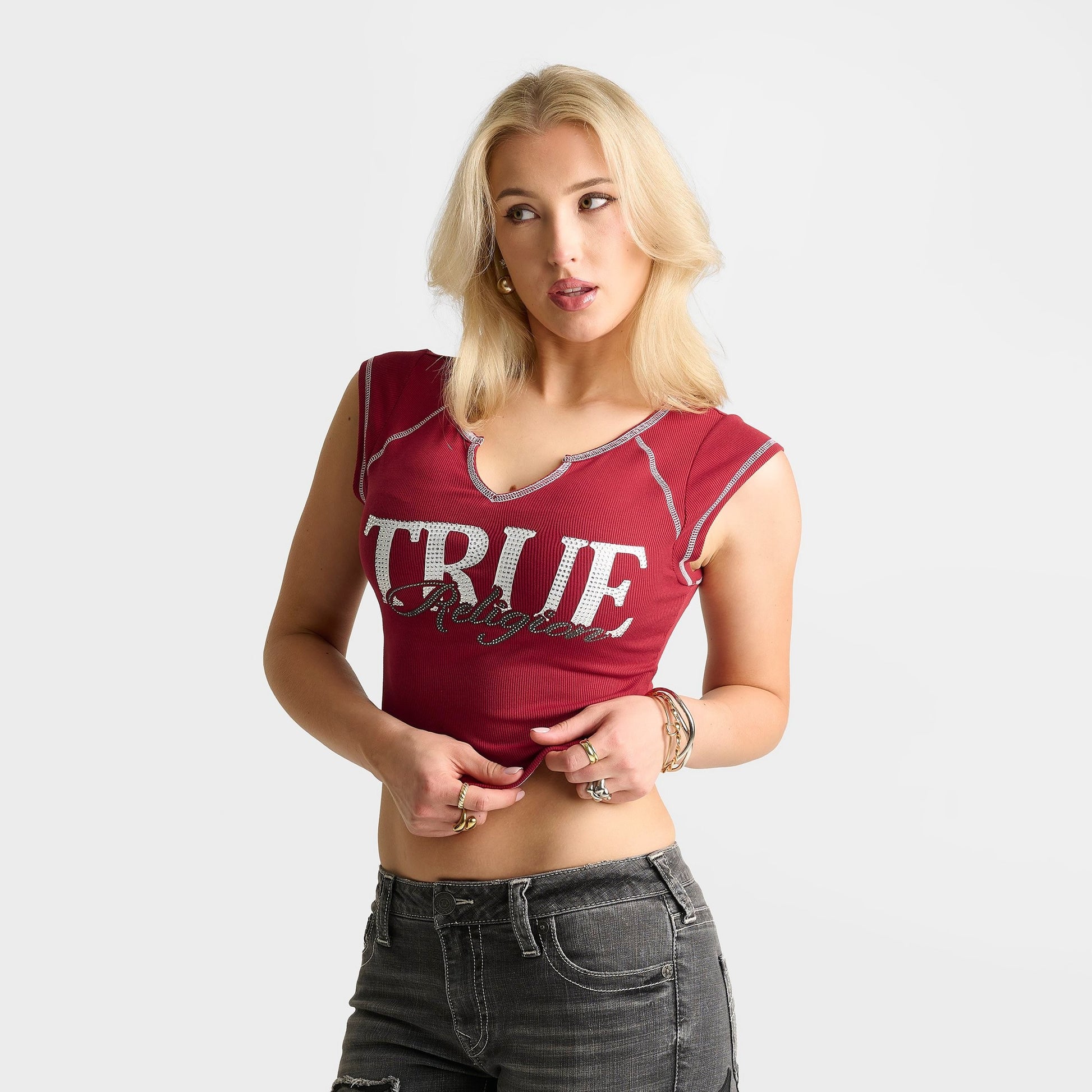 Women's True Religion Crystal Ribbed Notched Baby T-Shirt - Red Dahlia