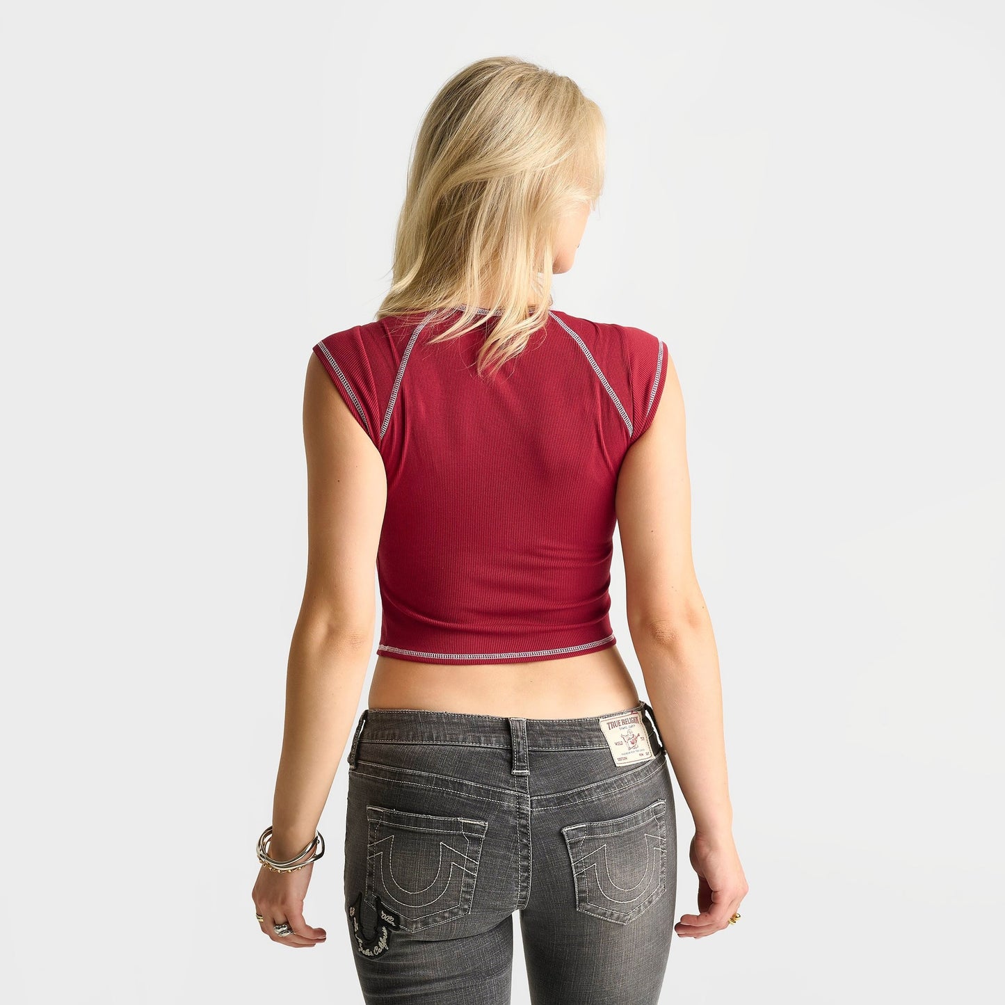 Women's True Religion Crystal Ribbed Notched Baby T-Shirt - Red Dahlia