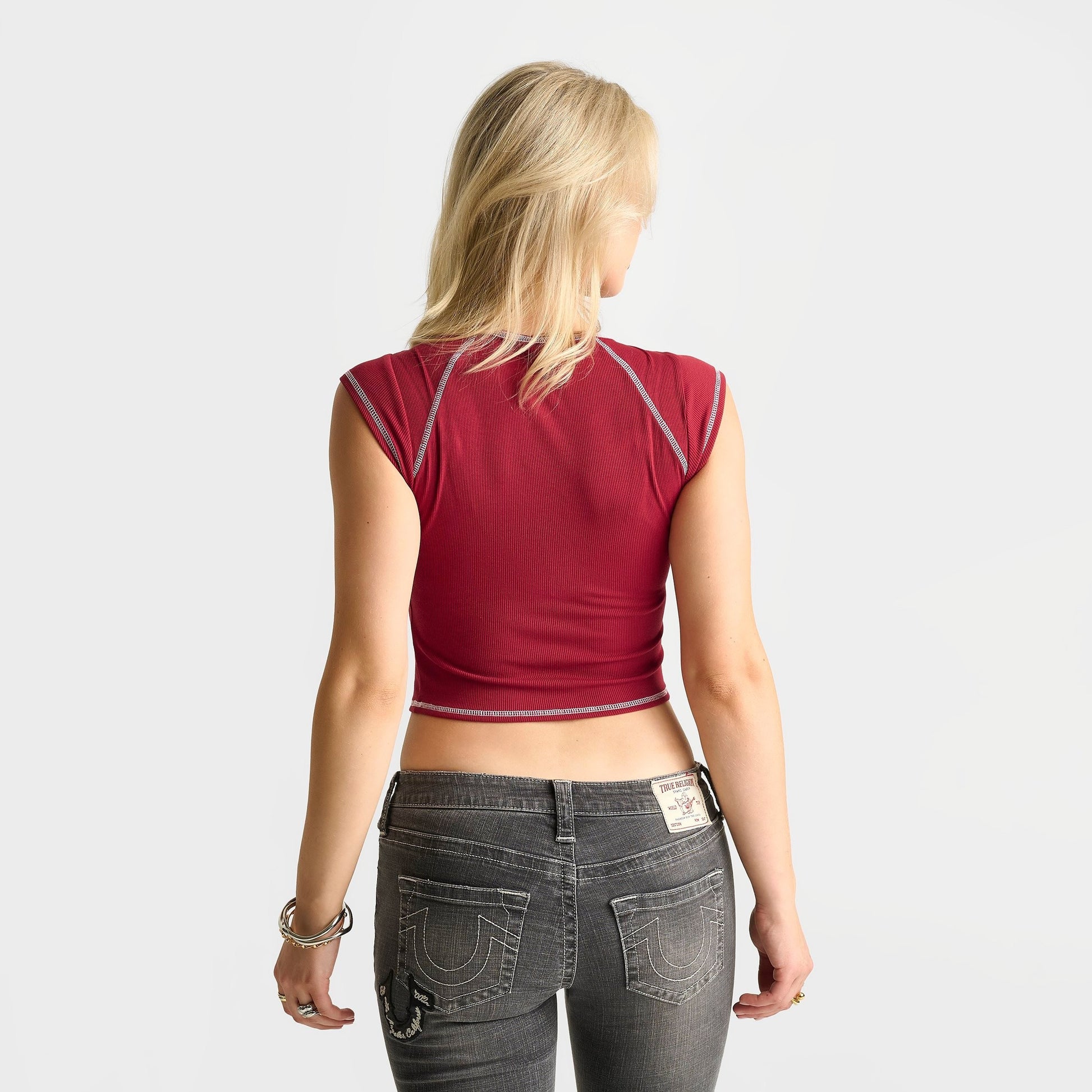 Women's True Religion Crystal Ribbed Notched Baby T-Shirt - Red Dahlia