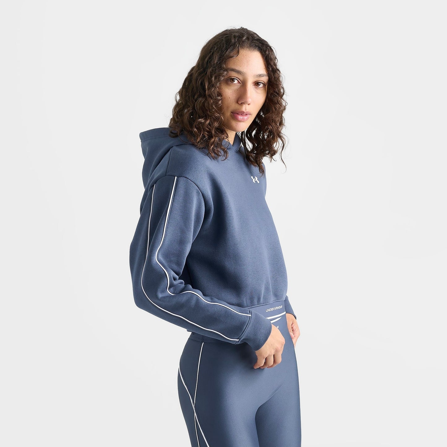 Women's Under Armour Piping Cropped Pullover Hoodie - Dark Blue Grey