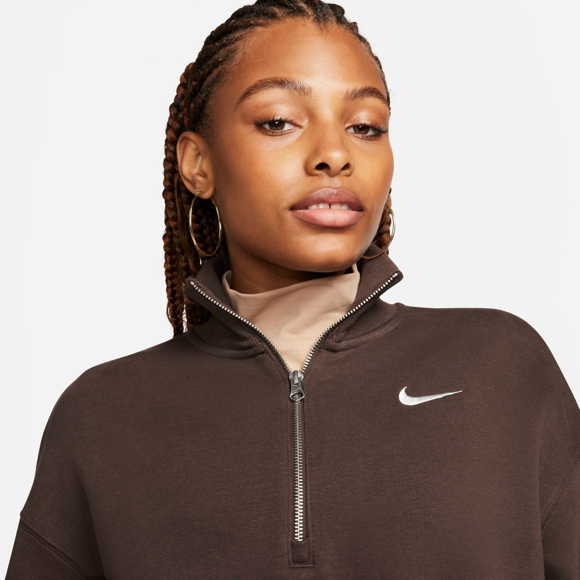 Women's Nike Sportswear Phoenix Fleece Oversized Half-Zip Crop Sweatshirt - Baroque Brown/Sail