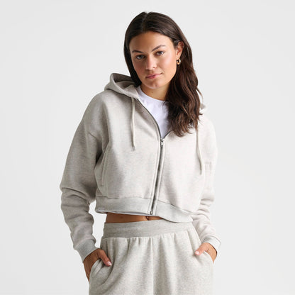 Women's DAILYSZN Fleece Cropped Full-Zip Hoodie - Light Grey Marl