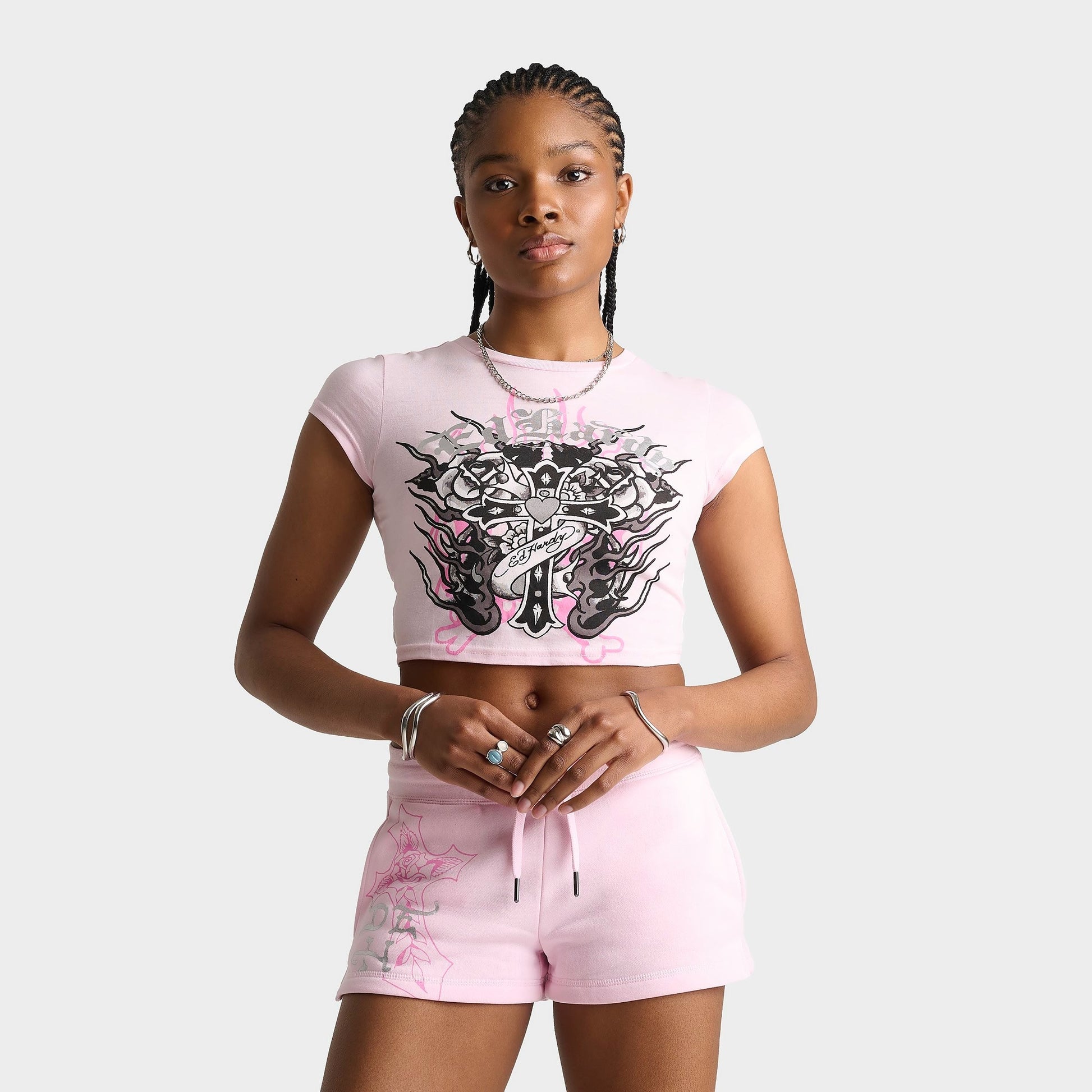 Women's Ed Hardy Flame Cross Baby T-Shirt - Pink Ballerina