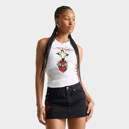 Women's Ed Hardy Cross Heart Rhinestone Tank - White