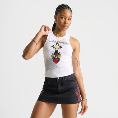 Women's Ed Hardy Cross Heart Rhinestone Tank - White