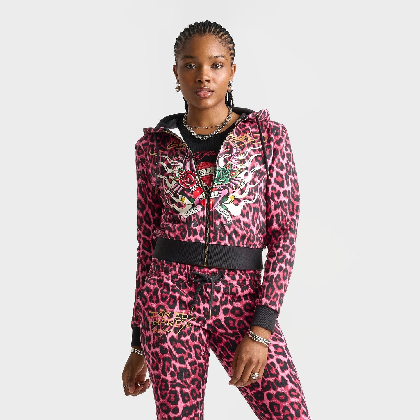Women's Ed Hardy Pink Panther Leopard Relaxed Full-Zip Hoodie - Pink Leopard