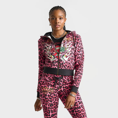 Women's Ed Hardy Pink Panther Leopard Relaxed Full-Zip Hoodie - Pink Leopard