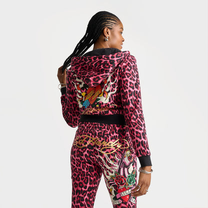 Women's Ed Hardy Pink Panther Leopard Relaxed Full-Zip Hoodie - Pink Leopard