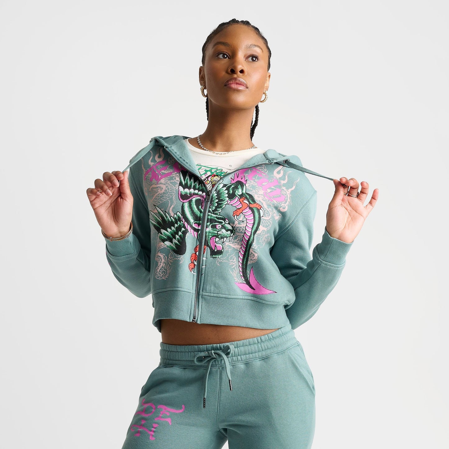 Women's Ed Hardy Wings Fleece Full-Zip Hoodie - Seafoam