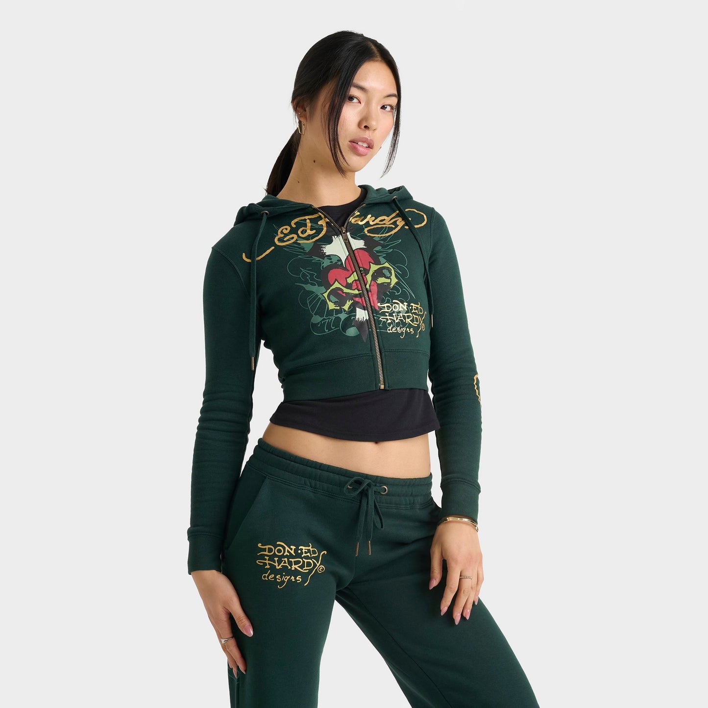 Women's Ed Hardy Sacred Heart Fleece Full-Zip Hoodie - Hunter