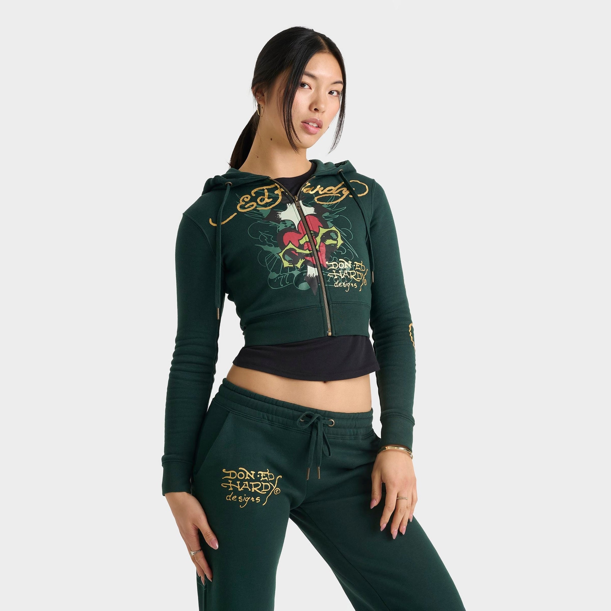 Women's Ed Hardy Sacred Heart Fleece Full-Zip Hoodie - Hunter