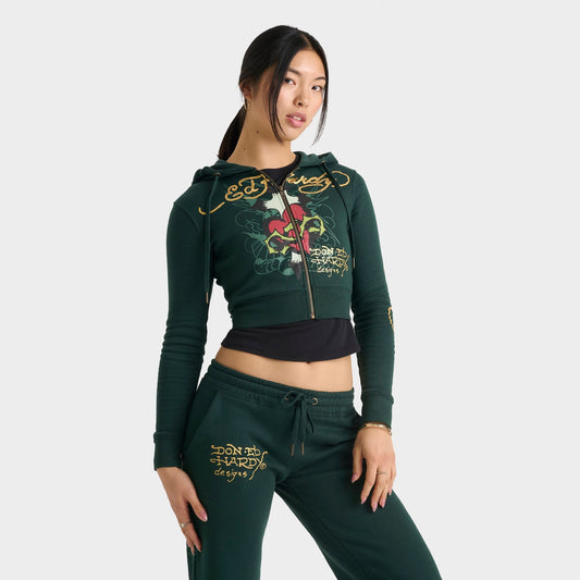 Women's Ed Hardy Sacred Heart Fleece Full-Zip Hoodie - Hunter